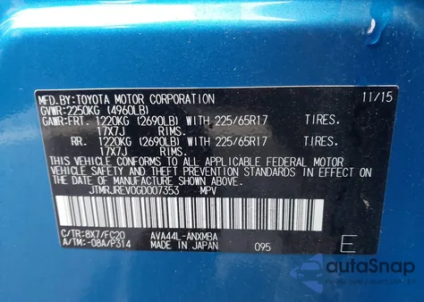 2016 Toyota Rav4 Hybrid Xle from USA, damaged, VIN JTMRJREV0GD007353